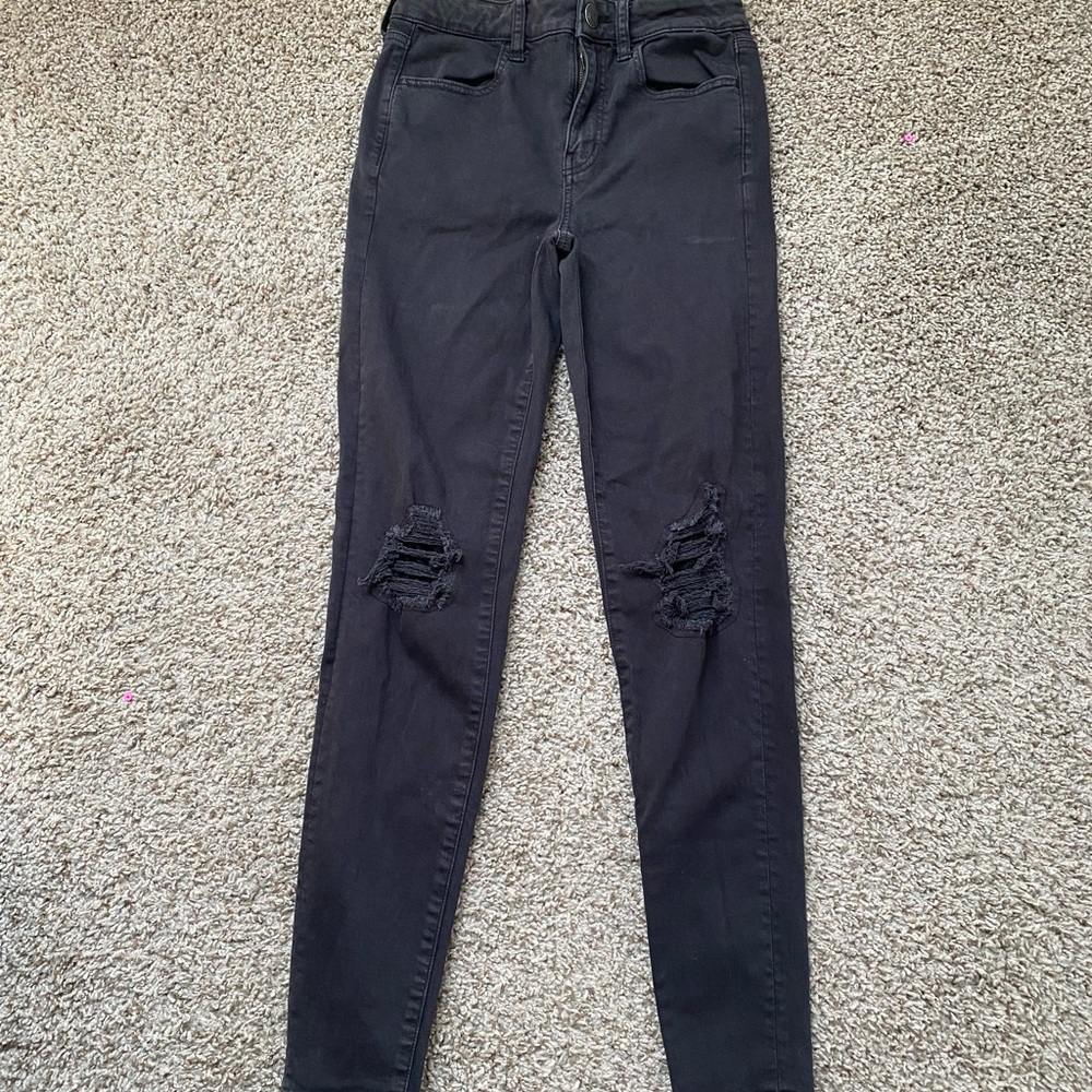 American Eagle Hi-Rise Jegging Black Distressed Skinny Jeans Size 4 Casual Slim